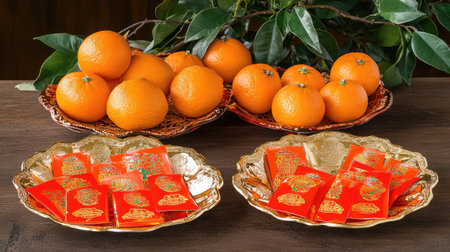 A vibrant display featuring fresh oranges and red envelopes, symbolizing wealth and happiness in festive celebrations. Perfect for holiday-themed projects.の素材