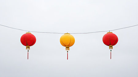 Three vibrant lanterns, red and yellow, hang gracefully against a gray sky. Perfect for representing celebration, culture, and festive decoration concepts.の素材