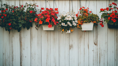 A charming display of vibrant flower pots hanging against a rustic wooden background. This lively scene captures the beauty of nature with its colorful blooms, ideal for garden and decoration themes.の素材