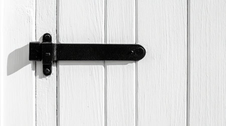 A close-up view of a white wooden door featuring a strong black hinge. The image showcases craftsmanship and minimal design, ideal for architectural projects.の素材
