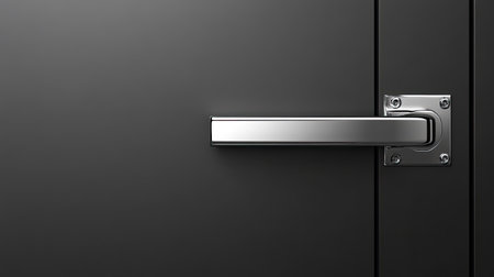 A closeup of a modern door handle set against a sleek black door surface. This image highlights minimalistic design and elegant hardware for contemporary interiors.の素材