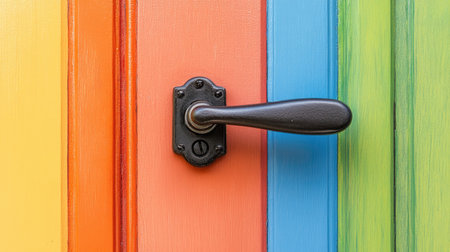 A close-up view of a colorful door handle on vibrant wooden panels. This image captures the warmth and inviting nature of a uniquely designed entrance.の素材