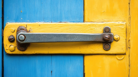 A vibrant blue and yellow door featuring a metal locking mechanism. The unique color combination adds charm and character to any entrance.の素材