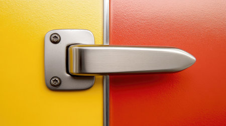 Close-up view of a sleek metal door handle against a vibrant yellow and red background. The design emphasizes modern aesthetics and functional elegance.の素材