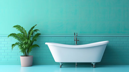 A chic bathroom scene featuring a white bathtub and lush green plant against a vibrant turquoise backdrop, creating a tranquil and stylish retreat.の素材