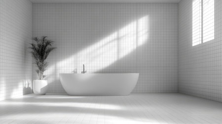 Bright and spacious minimalist bathroom featuring a sleek bathtub and natural light. The clean tile design and potted plant create a serene atmosphere perfect for relaxation.の素材
