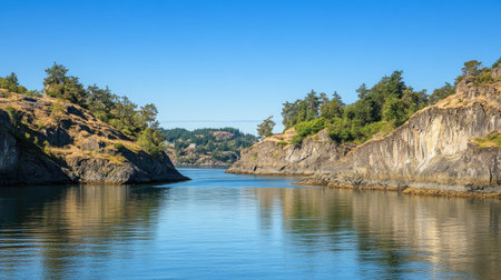 Explore a stunning coastal landscape featuring tranquil waters reflecting blue skies, surrounded by lush greenery and rocky cliffs. Perfect for nature lovers.の素材
