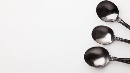 Three elegant black spoons arranged neatly on a white background. Ideal for culinary presentations, dining articles, or minimalist designs.の素材