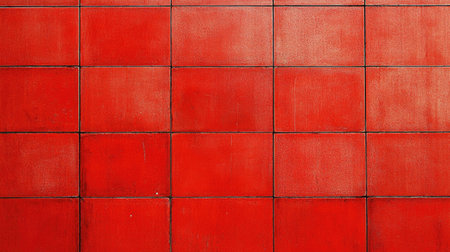 A close-up of vibrant red wall tiles showcasing a smooth texture and bold color. Ideal for modern interior designs and artistic backgrounds.の素材