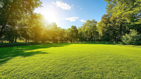 A stunning view of a vibrant green lawn illuminated by sunlight, surrounded by lush trees under a bright blue sky, perfect for outdoor relaxation and enjoyment.の素材