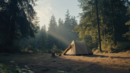 A serene camping scene featuring a tent surrounded by tall trees. Morning sunlight pours through the foliage, creating a tranquil atmosphere ideal for relaxation and exploration in nature.の素材
