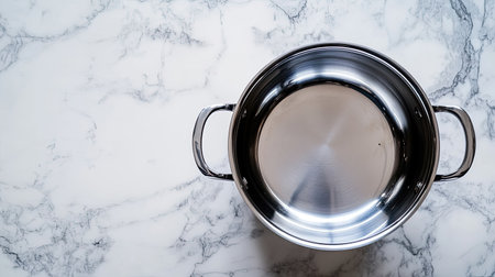 A sleek stainless steel pot rests on a smooth marble surface. Ideal for culinary themes, this image showcases modern kitchen accessories and cooking essentials.の素材