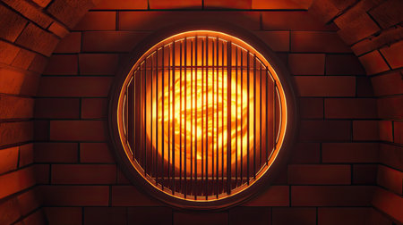 A mesmerizing glowing orb surrounded by a circular grid design, set against a warm brick background. This image conveys warmth and modern aesthetics.の素材