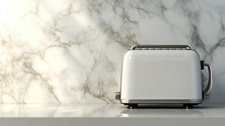 A sleek white toaster elegantly positioned on a marble kitchen countertop, showcasing modern design and a stylish cooking environment. Perfect for kitchen decor.の素材