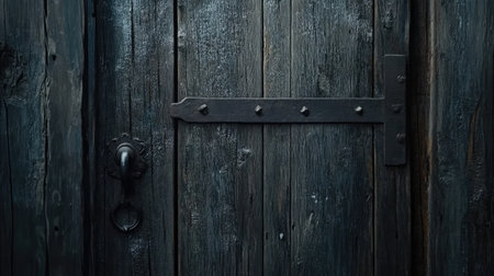 Close-up of a rustic wooden door featuring intricate iron hardware. The weathered wood and patina create a vintage feel, ideal for architectural themes.の素材