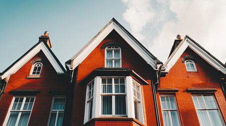 A stunning Victorian house featuring red brick and charming architectural details. Captured against a clear blue sky, this image highlights classic design elements.の素材