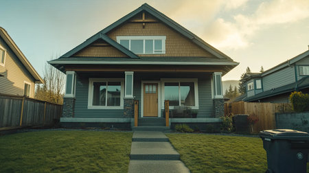 A charming family home featuring modern architecture, surrounded by a well-manicured lawn and inviting design. The perfect blend of comfort and style in a serene neighborhood.の素材