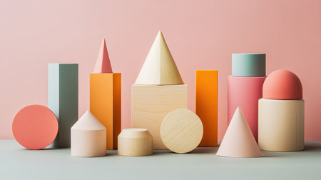 A vibrant collection of geometric shapes crafted from wood, showcasing a modern design aesthetic. Perfect for minimal decor or educational purposes.の素材