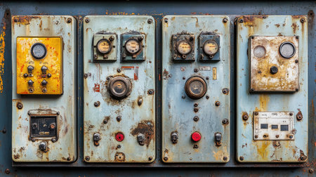This image features a vintage industrial control panel, showcasing rusty and worn components like gauges, buttons, and dials, reflecting a historical machine aesthetic.の素材