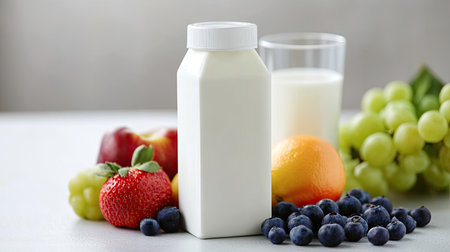 A scene featuring a bottle of milk alongside fresh fruits like strawberries, blueberries, grapes, and an orange, perfect for a healthy meal or snack.の素材