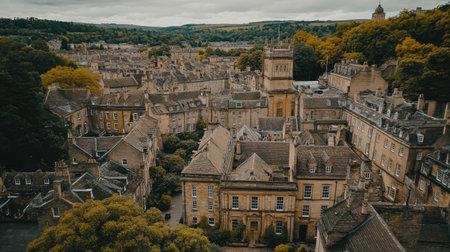 A stunning aerial view of a historic English town, showcasing beautiful architecture and lush greenery against a tranquil, cloudy sky. Perfect for travel enthusiasts.の素材