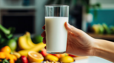 A refreshing glass of milk held in a hand, surrounded by vibrant fruits like bananas and oranges, promoting a healthy and nutritious lifestyle.の素材