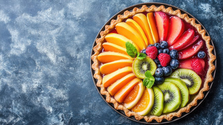 A colorful fruit tart featuring a variety of fresh fruits, arranged artistically on a crust. Perfect for dessert lovers and culinary enthusiasts.の素材