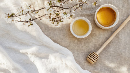 A serene arrangement featuring two jars of honey alongside delicate flowers and a wooden spoon, embodying natural beauty and wellness.の素材