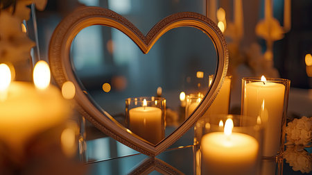 A heart-shaped frame surrounded by soft candlelight creates a warm and romantic ambiance, perfect for celebrations, weddings, or cozy home decor.の素材