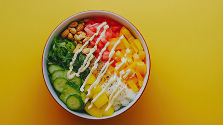 A vibrant salad bowl featuring fresh vegetables and fruits. This healthy meal includes cucumber, tomato, mango, nuts, and dressing, set against a bright yellow background.の素材