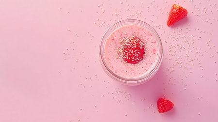 A vibrant glass of fresh strawberry smoothie topped with a juicy strawberry and sesame seeds, perfect for a refreshing drink or healthy dessert.の素材