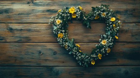 A beautiful floral heart arrangement made of vibrant yellow flowers and delicate greenery set against a rustic wooden background, perfect for love-themed projects.の素材