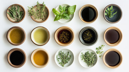 A beautiful arrangement of fresh herbs and oils in wooden bowls showcases vibrant colors and textures, perfect for culinary inspiration and healthy cooking.の素材