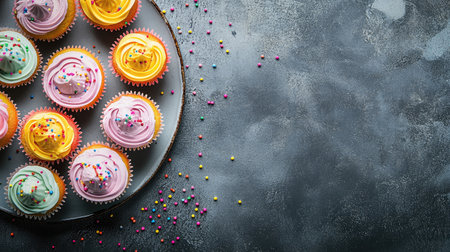 A delightful arrangement of colorful frosting cupcakes sprinkled with vibrant toppings on a dark surface, perfect for any celebration or party setting.の素材