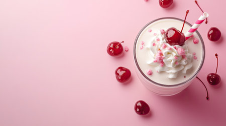 A delicious cherry milkshake topped with whipped cream and a cherry, served with a playful straw. Perfect for summer refreshment and indulgence.の素材