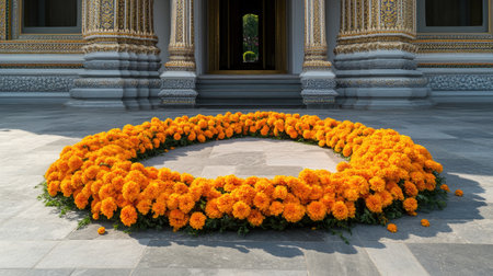 A stunning display of vibrant orange marigold flowers surrounds a temple entrance, creating a serene and colorful atmosphere perfect for cultural celebrations.の素材