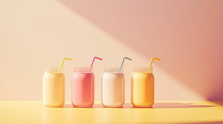 Enjoy a vibrant display of colorful smoothies in glass jars, featuring straws in pastel hues. Perfect for a refreshing summer treat or a healthy lifestyle!の素材
