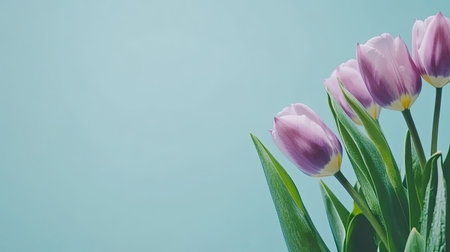 A charming arrangement of soft purple tulips with delicate petals set against a light blue background, creating a serene and elegant atmosphere.の素材