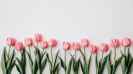 A stunning arrangement of pink tulips against a white background, capturing the essence of springtime freshness and elegance. Perfect for floral themes.の素材