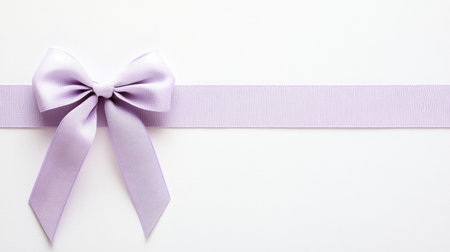 A delicate soft purple ribbon bow lies on a clean white background, perfect for adding elegance to gifts, decorations, or creative projects.の素材