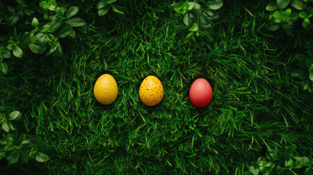 Brightly colored eggs sit on a lush green grass background, perfect for celebrating spring and Easter. The vibrant hues create a cheerful atmosphere.の素材