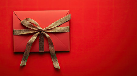 A beautifully wrapped red gift adorned with a luxurious gold bow, perfect for celebrations and special occasions. Adds a festive touch to any event.の素材