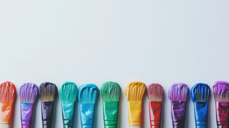 A vibrant collection of paint brushes lined up on a clean white background, showcasing a spectrum of colors ideal for artistic projects and creative inspiration.の素材