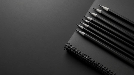 A captivating top view image of a black spiral notebook with pencils on a dark background. Ideal for themes of creativity, minimalism, and artistry.の素材