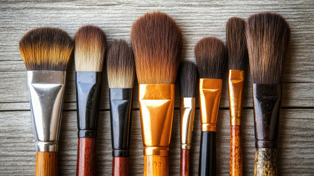 A collection of various makeup brushes arranged on a wooden surface, showcasing their colors and textures. Ideal for beauty, cosmetics, and artistry themes.の素材