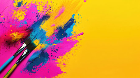 Colorful paint splashes in vibrant hues with brushes on a bright yellow background, perfect for artistic projects, creative endeavors, or design elements.の素材