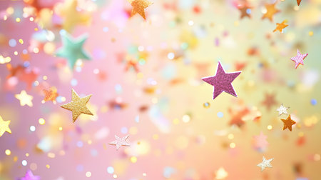 A vibrant scene featuring colorful glittering stars floating against a soft background, perfect for celebrations, parties, and joyful events.の素材