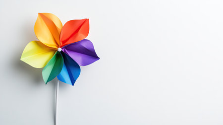 A vibrant paper pinwheel with a mix of colors, set against a clean white background. This cheerful design evokes a sense of joy and whimsy. Perfect for creative projects.の素材
