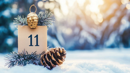 A beautiful winter scene featuring a countdown calendar to Christmas surrounded by snow, pine, and decorative elements for a festive atmosphere.の素材