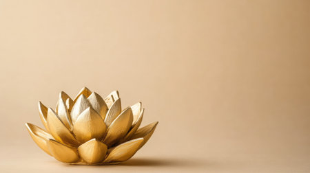 A stunning golden lotus flower rests elegantly on a soft beige background, symbolizing beauty and tranquility. Perfect for decor or art inspiration.の素材